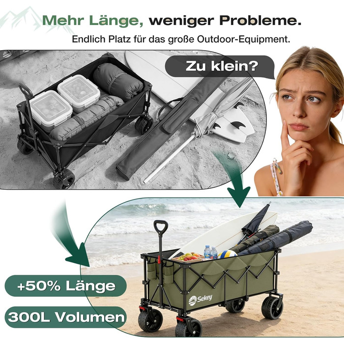 Бомбовоз Sekey XXXL, 300л, 200кг, для великих сімей, з великими колесами, розкладний, оливковий