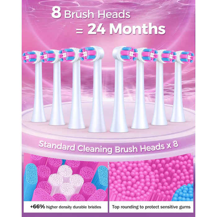 Електрична зубна щітка Rotierende для дорослих з 8 насадками, 4 режимами чищення, 60 днями роботи від акумулятора та розумним таймером 2 хв - професійна (Рожева)