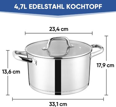 Каструля Kochtopf 22 см, 4.7л, нержавіюча сталь з тришаровим дном, склокришка, для індукційних плит та всіх типів плит, для пасти та супу, здорове приготування, придатна для миття в посудомийній машині