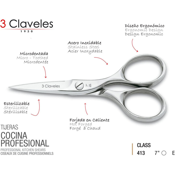 Кухонні ножиці 3 Claveles Master Class, нержавіюча сталь, 18 см, блискучі