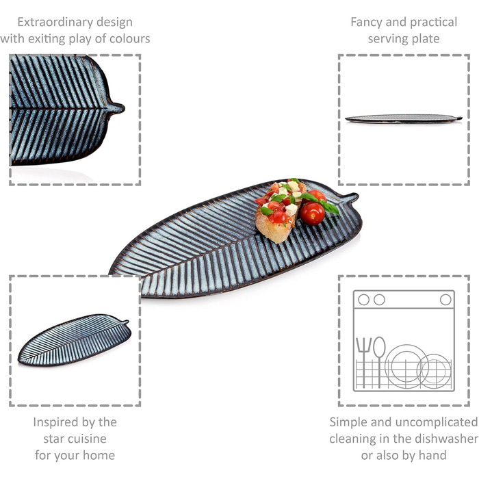Singer | Tokio Serving Platter, Stoneware Serving Plate in Leaf Design, Oval Plate for Meat, Fish, and Snacks, Dishwasher Safe, Blue Snack Plate with Black Accents | PREMIUM COLLECTION