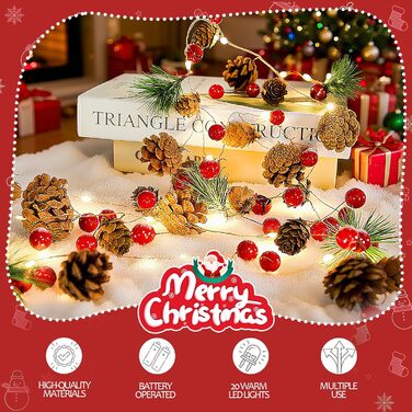 LED гірлянда на ялинку з шишками та червоними ягодами, 2м, 20 LED, тепле біле світло, режим блимання, для прикрашання дому та саду