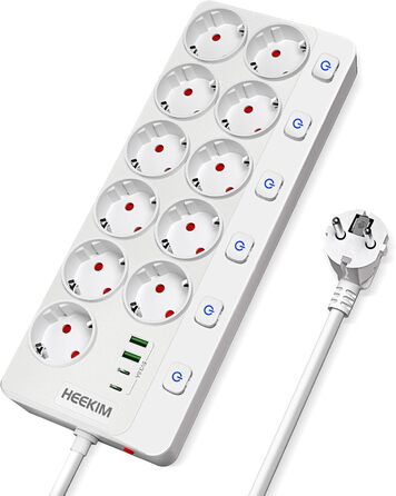 Многорозетка HEEKIM з USB, 11 розеток (2 USB-A, 2 USB-C), 4000W, 16A, з індивідуальним вимикачем, 2м кабель, для дому, школи, офісу