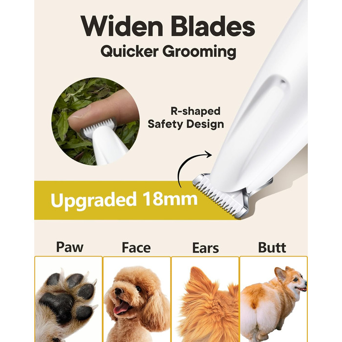 Триммер для собак та котів Pfotentrimmer з LED-підсвічуванням – 18 мм, тихий (35 dB), водонепроникний, акумуляторний – для лап, вух, обличчя та хвоста (білий)