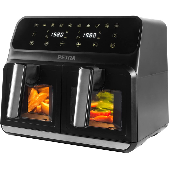 Двокамерна аерофритюрниця Petra PT5196GWVDE 7,6 л, без олії, 1700 Вт, подвійна шухляда з оглядовими вікнами, антипригарні кошики, 10 програм