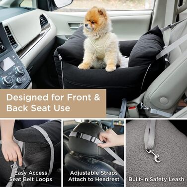Pet Car Seat for Small Dogs - Waterproof and Washable Dog Car Seat with Storage Pockets, Detachable Safety Leash, and Thickened Memory Foam Filling, 58x56x33cm, (Black)