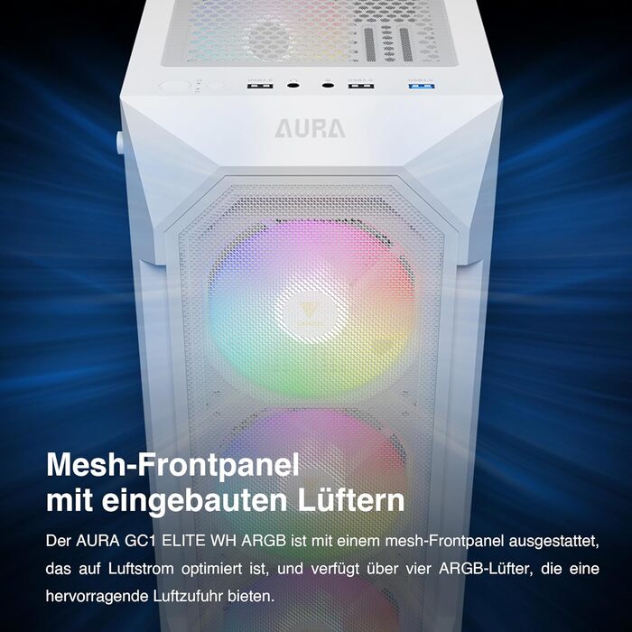 Корпус для ПК Gamdias Aura GC1 Elite WH ARGB: Midi-Tower з 4 ARGB-вентиляторами, сітчаста передня панель, скло, підтримка синхронізації материнської плати, чорний