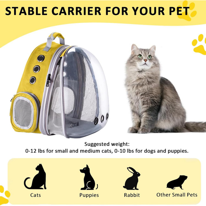 Розширюваний рюкзак для котів та собак, передній рюкзак з прозорим вікном та блискавкою, для подорожей та піших прогулянок, розширювана спинка (жовтий)
