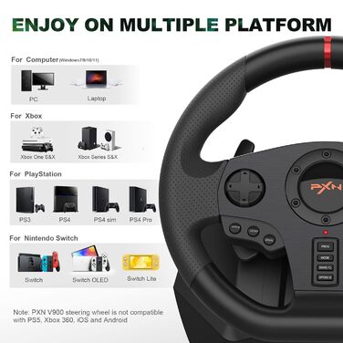 PXN V900 ігровий кермо для ПК з педалями, 270/900° кут повороту, вібрація, сумісність з PC, PS4, PS3, Xbox, Switch