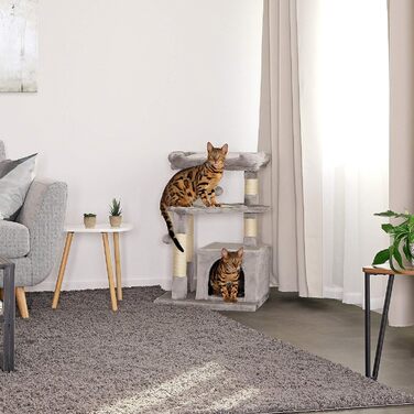 Котячий будиночок Lionto з лежанкою та печерею, 75 см, з сизалевого мотузка та плюшу, 2 м'ячики з дзвіночками, для кошенят та дорослих котів, сірий