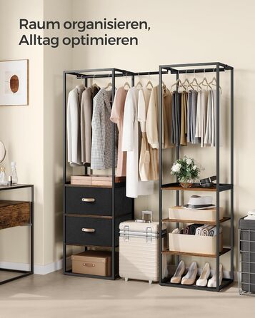 SONGMICS Clothes Rack, Open Wardrobe, Sturdy Coat Rack with 1 Extendable Rod, 2 Drawers, 4 Shelves, for Bedroom, Space-Saving, RGR003W67 (Vintage Brown)
