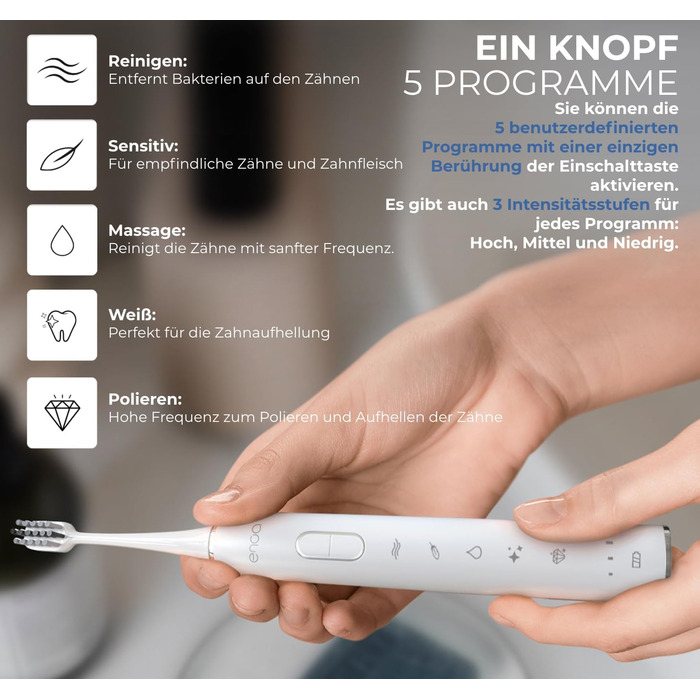 Електрична звукова зубна щітка ENOA з 5 режимами, 3 рівнями інтенсивності, таймером, IPX7 водонепроникна + 5 змінних насадок