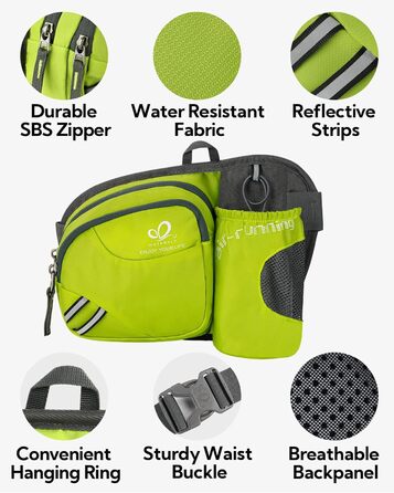 Спортивна поясна сумка Waterfly з тримачем для пляшки, для жінок та чоловіків, дихаюча, для бігу, велоспорту, кемпінгу, подорожей та активного відпочинку (світло-зелена)