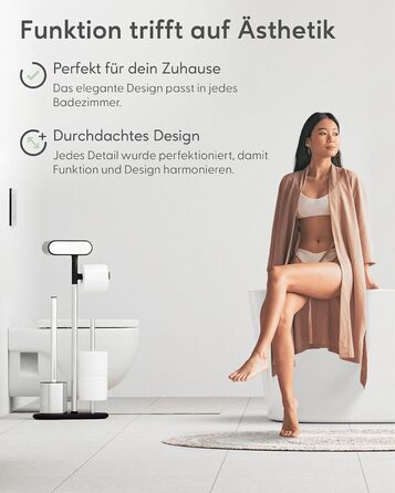 QUALISH Stainless Steel Toilet Paper Holder with Brush - Standing Toilet Paper Roll Holder with Silicone Brush - White & Black Finish