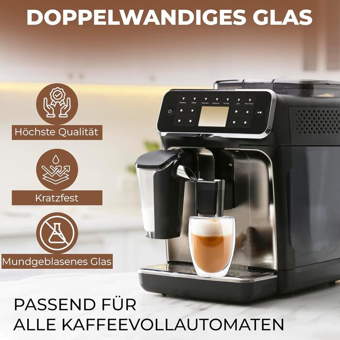 Набір склянок для лате макіато Zobel 350 мл (4 шт.) з ручкою, подвійні стінки, боросилікатне скло, з підставками та ложками, придатні для миття в посудомийній машині та термостійкі