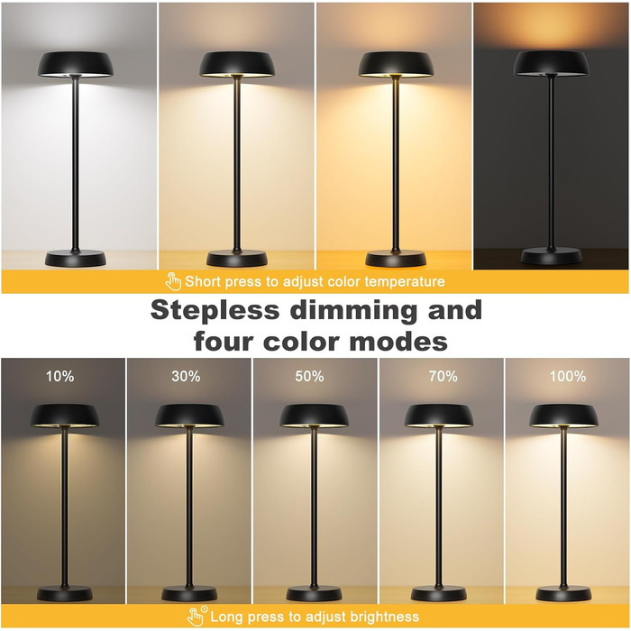 Світлодіодна настільна лампа бездротова з регулюванням яскравості, сенсорним керуванням, 4 режими освітлення, акумуляторна, для спальні, домашнього офісу, кемпінгу - 1 шт.