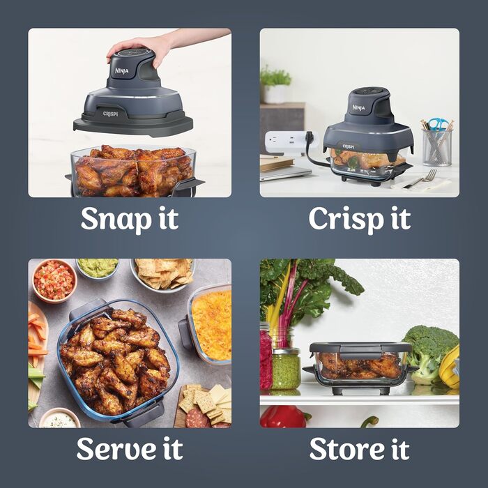 Ninja Crispi – портативна кухонна система з Crispi PowerPod, 6 чашок та 4 скляних чашок TempWare, термостійкі, кришка для зберігання, придатні для мікрохвильової печі, сірий колір