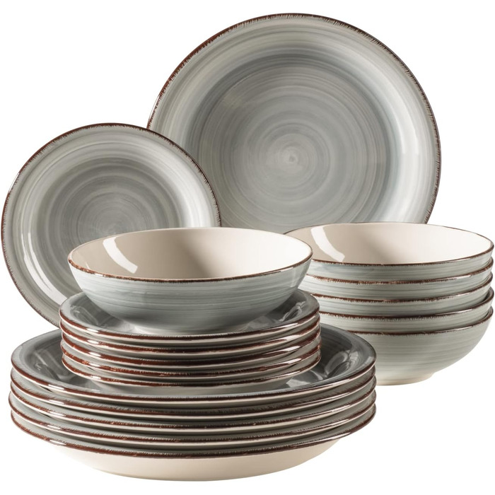 MÄSER 931875 Bel Tempo II, 18-piece tableware set for 6 people with a modern vintage look, hand-painted ceramic tableware, stoneware, smoky blue