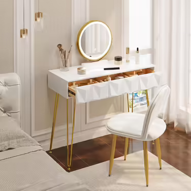 EUGAD Vanity Table with Stool and Mirror, 360° Swivel Makeup Mirror, Dressing Table Cosmetic Table with 2 Drawers, Upholstered Velvet Stool, 3D Effect Drawer, White and Gold (100x40cm, with LED Lighting)