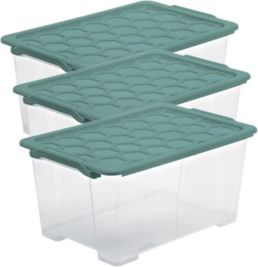 Rotho Evo Safe Keeping 3-Piece Storage Boxes 44l with Lid, Plastic, Turquoise/Transparent