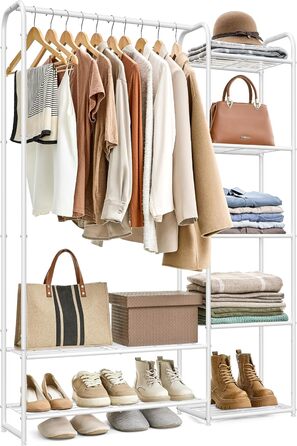 SONGMICS Взуттєва шафа, відкритий гардероб, вішалка для одягу, металева шафа для взуття з полицями, самостійна, 29 x 112 x 158,4 см, матовий білий LGR462W01 112B cm Mattweiß