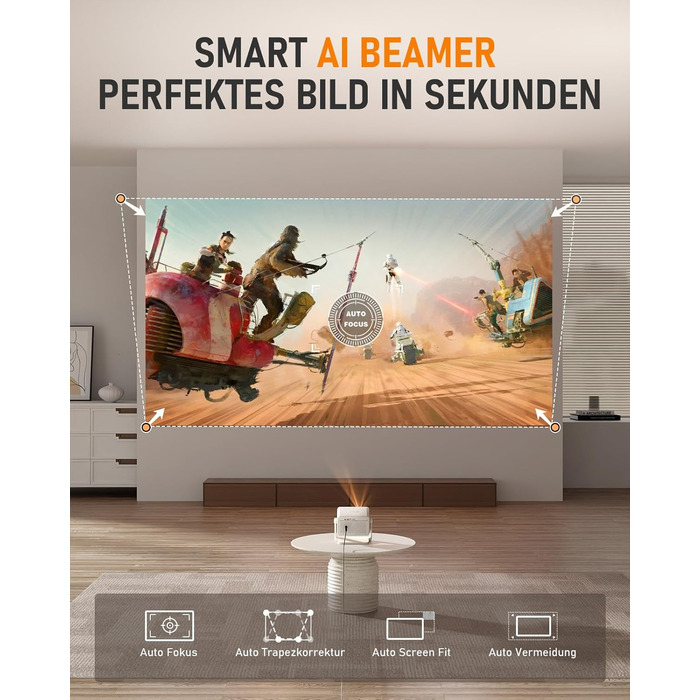 Міні проєктор Smart Beamer A-27000L з Wi-Fi 6, Bluetooth, підтримкою 4K та Netflix, Full HD 1080P, автофокусом та корекцією трапеції 6D для домашнього кінотеатру та використання на вулиці