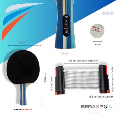 BERAXPOL Набір для настільного тенісу преміум-класу, портативний, з висувною сіткою | 3 м'ячі | Сумка для перенесення | Сімейний відпочинок | Подарунок