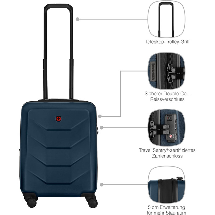 WENGER Pryo Hard Shell Suitcase with 4 Wheels, Trolley, Medium, 59 (67) L, Security Lock, for Men, Travel Vacation, 612537 (Blue, Carry-On)