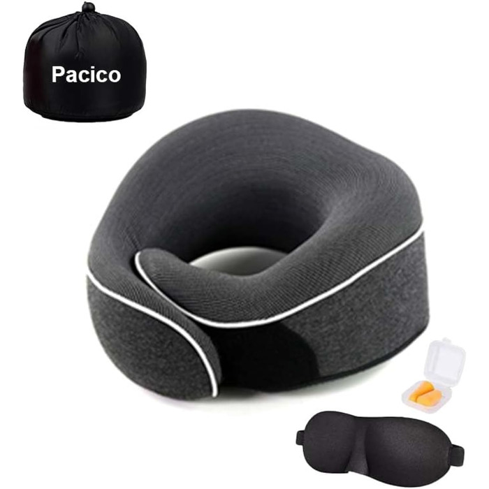 Подушка для шиї, туристична, з піною з пам'яті, для авто, поїздів та літаків, комплект з маскою для очей та берушами (темно-сіра)