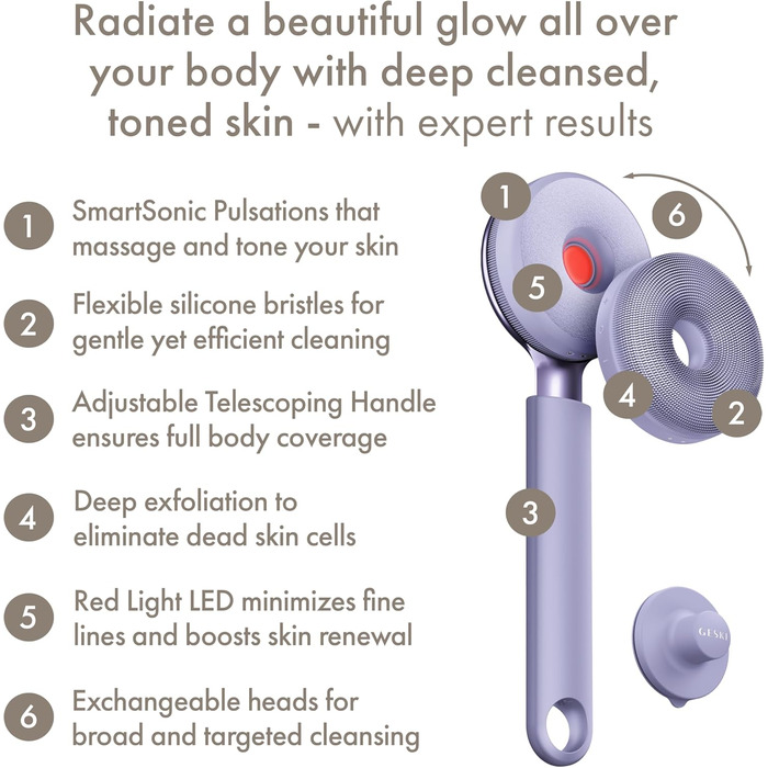 GESKE Sonic LED Full-Body Brush: Щітка для тіла з LED-підсвіткою та інтенсивним пілінгом | 9-в-1 | Електрична щітка для тіла | Глибоке очищення та масаж | SmartSonic Pulsations | М'які силіконові ніжки (Purple)