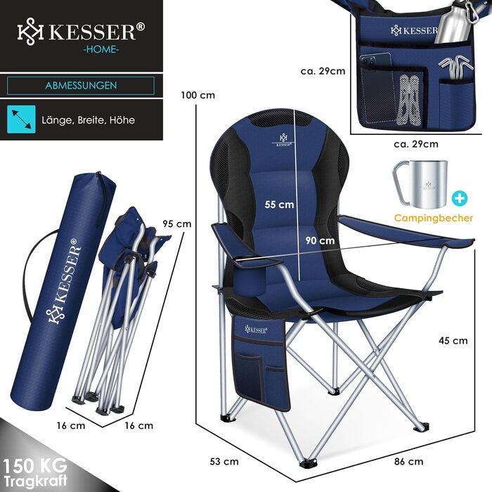 Крісло кемпінгове складне KESSER® до 150 кг, з підлокітниками та підсклянником, висока спинка, сіре (Navyblau / Чорний)