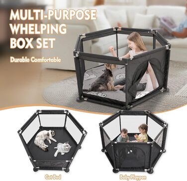 Кінець для цуценят у формі шестикутника, 122x65 см, чорний: ігровий майданчик + м'яка підстилка для великих та малих порід