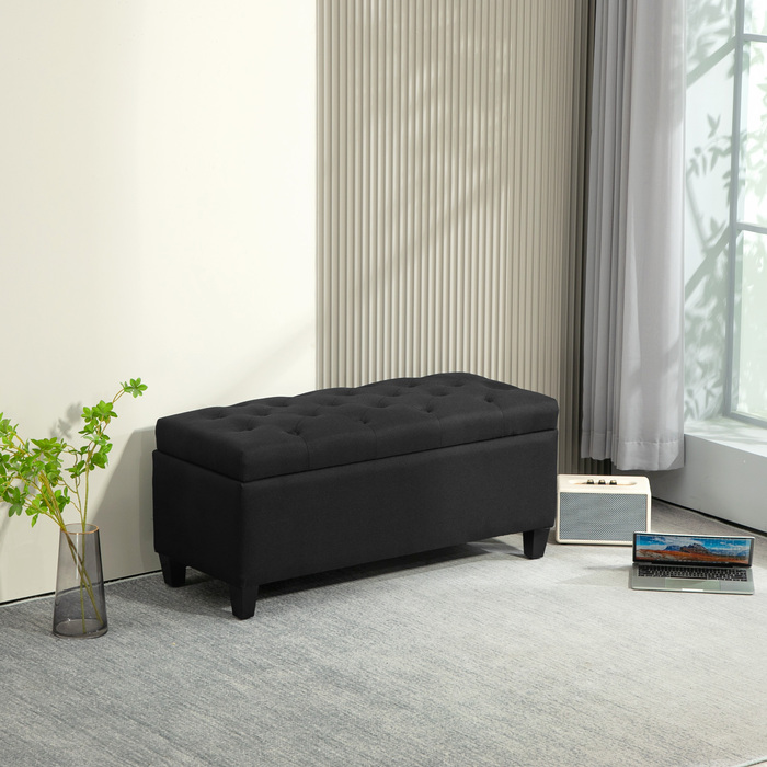 HOMCOM Bench with Cushion, Storage Chest Bench, Entryway, Bedroom, Living Room, Linen-like Polyester, Rubberwood, Black, 100 x 40 x 44 cm | Aosom