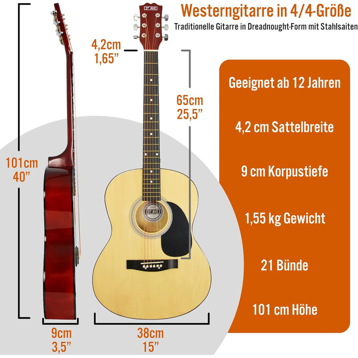 3rd Avenue 4/4 Вестерн-гітара (набір) зі сталевими струнами, для початківців – 6 місяців БЕЗКОШТОВНИХ уроків, чохол, медіатор та запасні струни – натуральний колір