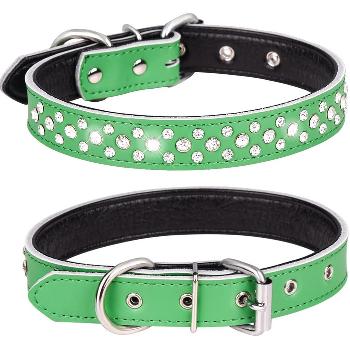 Нашийник для собак зі стразами, регульований, з кристалами, з натуральної шкіри, для маленьких та середніх собак (фіолетовий) (S, Зелений)