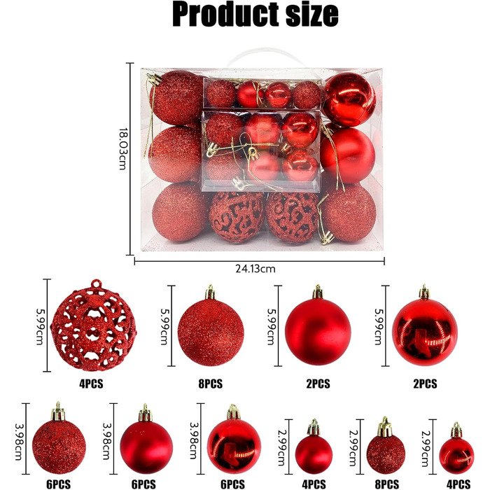 Новорічні кулі 50 шт. 3/4/6 см, блискучі кулі для прикраси ялинки, пластикові, червоні