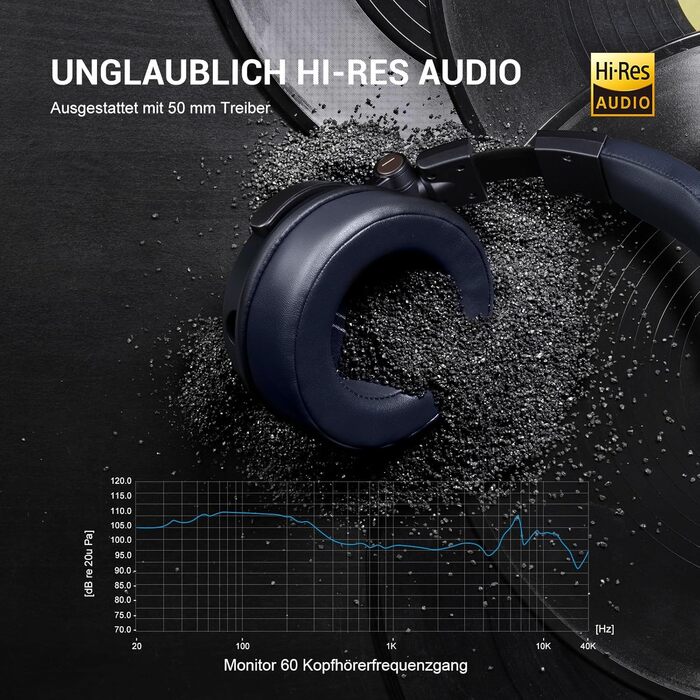 OneOdio Monitor 60: Професійні навушники-студійні, закриті, 38 Ом, Hi-Res Audio, 50 мм драйвер, знімний кабель (3.5 мм/6.35 мм), для подкастів, телефону, ПК (темно-синій)