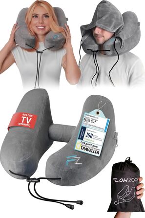 FLOWZOOM AIR Neck Pillow Inflatable with Hood - Neck Pillow Airplane - Travel Pillow - Quickly Inflatable Neck Pillow Travel - Airplane Pillow - Travel Pillow - Neck Support Adult (gray)