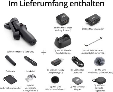 Стабілізатор DJI Osmo Mobile 6 для iPhone/Android, 3-осьовий, з розсувним штативом, трекінг об'єкта, портативний, для зйомки відео, YouTube, TikTok (Сірий, з мікрофоном DJI Mic Mini)