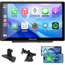 Портативна 9-дюймова HD автомагнітола CARPURIDE C98 з Carplay і Android Auto, AirPlay, Mirror Link, Bluetooth, навігацією, Siri, AUX, FM, дротове та бездротове підключення