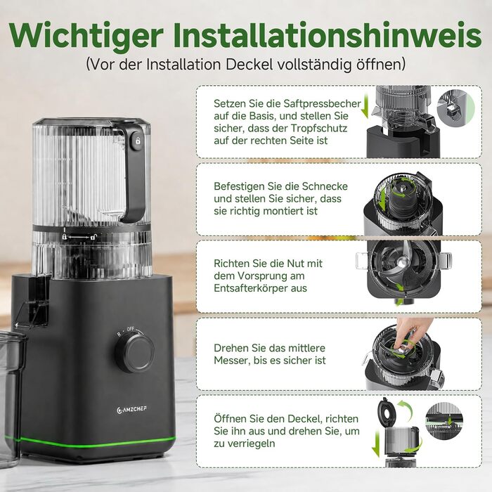Шнекова соковижималка AMZCHEF 600W з широким завантажувальним отвором 155 мм, матово-чорна