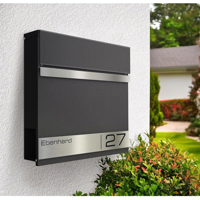 Поштова скринька Metzler Premium з газетницею Anthrazit (Антрацит) та іменним шильдиком - настінна, з нержавіючої сталі V2A з порошковим покриттям RAL 7016, модель Stencil