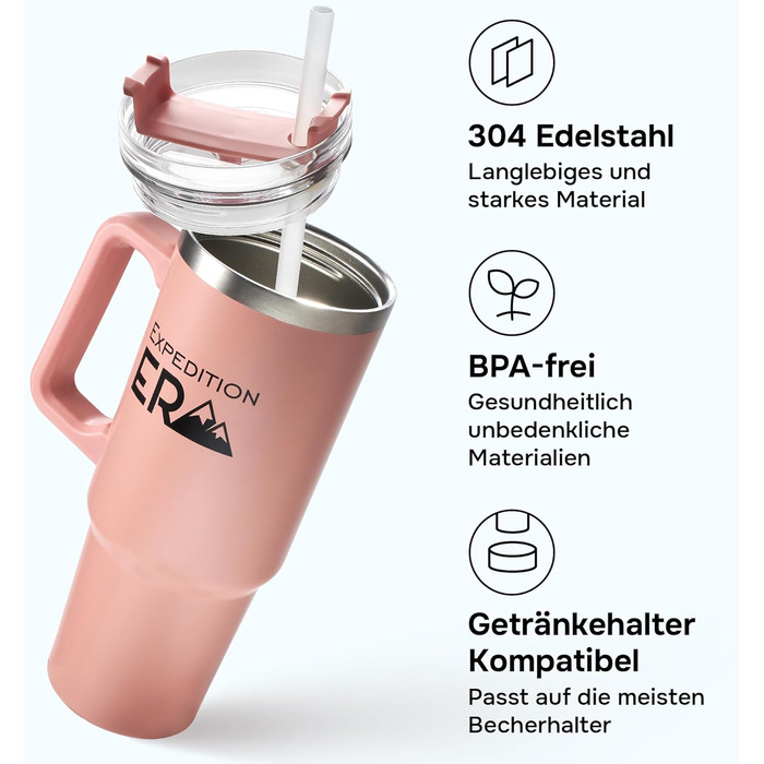 Термокружка з трубочкою 880мл, 30oz - ізольована термокружка з кришкою та ручкою, нержавіюча сталь, велика ємність, Tumbler, термокружка для напоїв, кавова кружка to go XXL (Рожева)