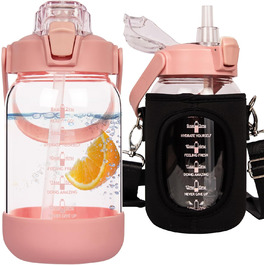 2l Glass Bottle | Drinking Bottle Glass with Straw & Time Marking, Leak-Proof 2 Liter Large Glass Water Bottle for Smoothies, Carbonated Drinks Suitable, Dishwasher Safe (Pink, 1000 ml)