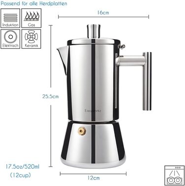 Easyworkz Diego Stovetop Espresso Maker, Stainless Steel, Italian Coffee Machine, Moka Pot for 6 Cups, 300 ml Espresso Pot for Induction (520ml, Silver)