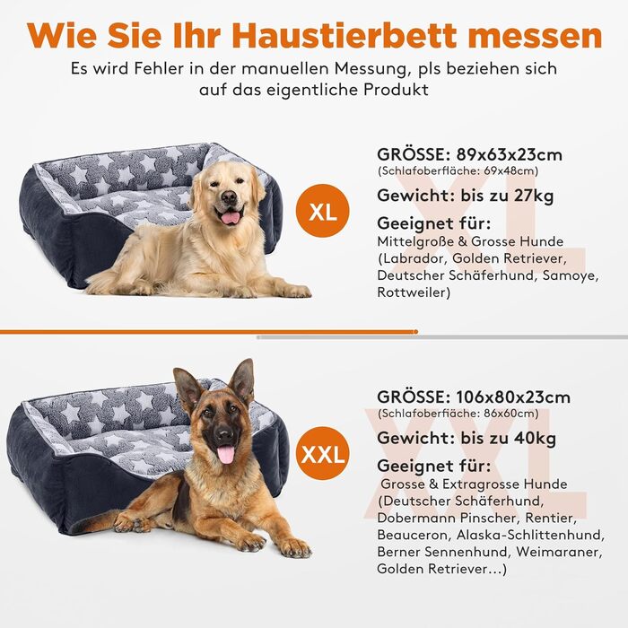 FURTIME Dog Bed - Medium Dogs, Dog Basket, Washable Dog Cushion, Non-Slip Dog Beds, Fluffy Dog Mattress with Raised Edges, Soft Dog Sofa for Dogs, Cats - Black/Stars (XXL(106x80x23cm))
