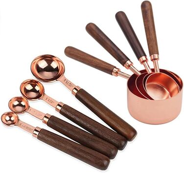 FBHappiness 8-Piece/Charge Stainless Steel Measuring Spoon Set with Walnut Wood Handle, Copper Measuring Cup Set for Baking and Cooking (Color: A, Size A