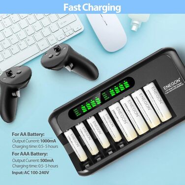 Зарядний пристрій ENEGON для акумуляторів NI-MH/NI-CD з LCD-дисплеєм, 8 слотів, AA/AAA