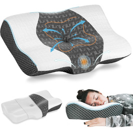 Elviros Orthopedic Pillow, Memory Foam Ergonomic Neck Support Pillow, Neck Pillow Head Pillow Neck Pain, Side Sleeper Pillow Stomach Sleeper Pillow, with Cover, Dark Grey
