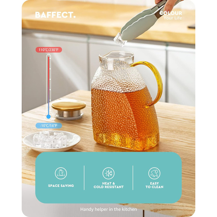 Baffect Water Jug, Glass Carafe with Stainless Steel Lid, Leak-Proof Refrigerator Door Carafe for Hot or Cold Drinks (1.8 L/63 oz.)